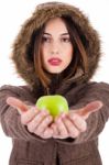 Hooded Lady Showing Green Apple Stock Photo