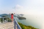 Woman Tourist On Peak Viewpoint Of Island Stock Photo