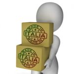 Made In Italia Stamp On Boxes Shows Italian Products Stock Photo