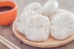 Chinese Leek Steamed Dessert On Wooden Table Stock Photo