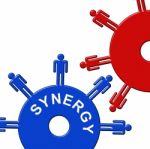 Synergy Cogs Shows Working Together And Collaborating Stock Photo