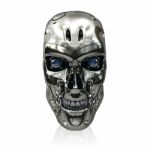 Robot Skull With Metallic Surface And Blue Glowing Eyes Smiling Stock Photo