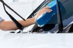 Close Up Hand Washing White Car Stock Photo