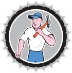 Builder Carpenter Holding Hammer Rosette Cartoon Stock Photo