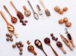 Spoon Of Various Legumes And Different Kinds Of Nuts Walnuts Ker Stock Photo