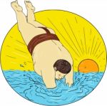 Japanese Sumo Wrestler Diving Sea Sunset Circle Drawing Stock Photo