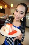 The Beautiful Smiling Asian Woman With A Cake Stock Photo
