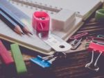 Close Up Office Supplies On Wood Table Made Vintage-retro Style Stock Photo