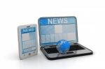 Global News Concept. News On Mobile Phone Laptop With Earth On A Stock Photo