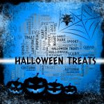 Halloween Treats Means Spooky Luxuries And Candies Stock Photo