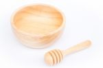 Wooden Bowl And Dipper On White Background Stock Photo