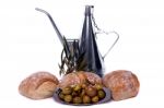 Olive Oil, Bread And Olives Stock Photo