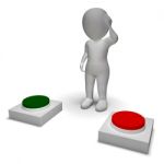 Choice Of Pushing Buttons 3d Character Shows Indecision Stock Photo