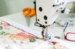 Sewing Machine And Fabric Closeup Stock Photo