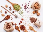 Various Legumes And Different Kinds Of Nuts Walnuts Kernels ,haz Stock Photo