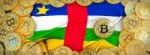 Bitcoins Gold Around Central African  Flag And Pickaxe On The Le Stock Photo