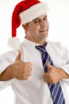 Man In Santa Hat Cheering Up Stock Photo
