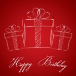 Happy Birthday With Gift Box On A Red Background. White Gift Box Stock Photo