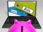 Bills And Invoices Files On Laptop Shows Finances Stock Photo