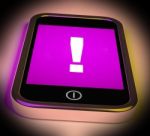 Exclamation Mark On Mobile Shows Attention Warning Stock Photo