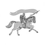 Knight Riding Horse Shield Lance Flag Retro Stock Photo