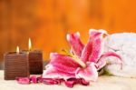 Candles With Towel And Orchid Stock Photo