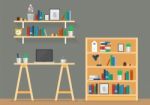 Working Space With Bookshelves In Flat Style Stock Photo