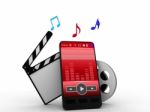 Mobile Phone , Music Symbols, And Clapperboard With Reels Of Fil Stock Photo