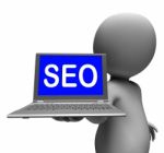 Seo Laptop Character Shows Search Engine Optimization Websites Stock Photo