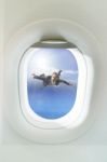 Business Man Floating Mid Air Out Side Passenger Plane Window Stock Photo