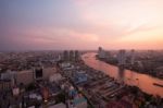 Top View Bangkok Urban View And Curve Of Chaophraya River And Sk Stock Photo