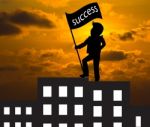Concept Skyline ,man With Success Flag Standing On The Top Of Bu Stock Photo