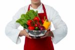 Male Chef Holding Vegetables Bowl Stock Photo