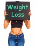 Girl Showing Weight Loss Sign Stock Photo