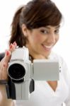 Smiling lady Using Camcorder Stock Photo