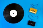 Old Vinyl Records And Audio Cassette Tape With Film Shape Heart Stock Photo