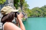 Woman Tourist Taking Photos Thale Nai Stock Photo