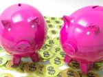 Piggybanks On Coins Shows American Earnings Stock Photo