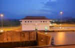 The Miraflores Locks In The Panama Canal In The Sunset Stock Photo