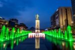 Seoul, South Korea - April 30, 2016:beautifully Color Water Fountain At Gwanghwamun Plaza With The Statue Of The Admiral Yi Sun-sin In Downtown.photo Taken On April 30,2016 In Seoul,south Korea Stock Photo