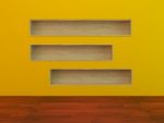 Wood Book Shelf Built-in  Wall On Yellow Background Stock Photo