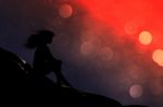 Girl Sitting Alone In Starry Night,3d Illustration Conceptual Background Stock Photo