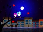 Moon Owls Represents Night Time And Apartment Stock Photo