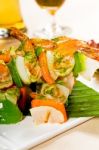 Shrimps And Vegetables Skewers Stock Photo