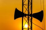 Loudspeaker On Pillar And Sunset In The Evening Stock Photo