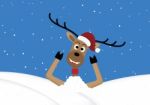 Christmas Reindeer Lie In Snow Hill Background Stock Photo