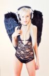 Gorgeous Blonde Dj Angel In Lace Lingerie Stock Photo