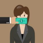 Business Woman With Dollar Banknote Taped To Mouth Stock Photo