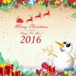 Merry Christmas And Happy New Year 2016. Snowman And Cherry In Winter. The White Snow And White Reindeer On Gold Background Stock Photo