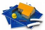 3d House And Blueprints Stock Photo